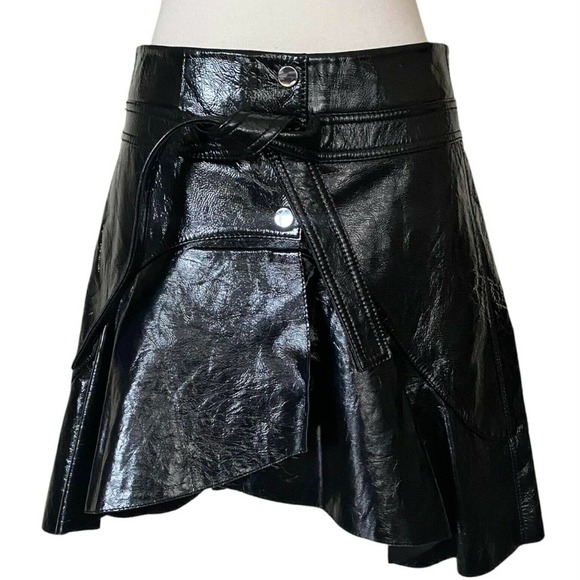 MAJE Faux Cuir Vinyl Skirt Jupe Leather Black Asymmetrical Mini Belt 40 Med NWT - Picture 1 of 11